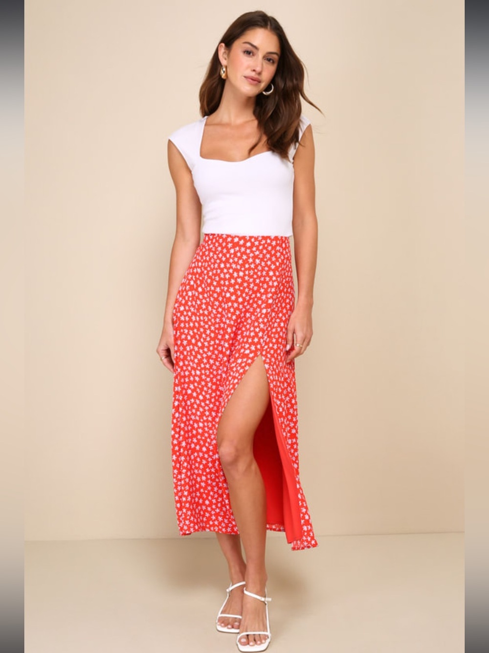 Lulu’s Cute Desires Red Ditsy Floral Print High-Rise Midi Skirt size extra small